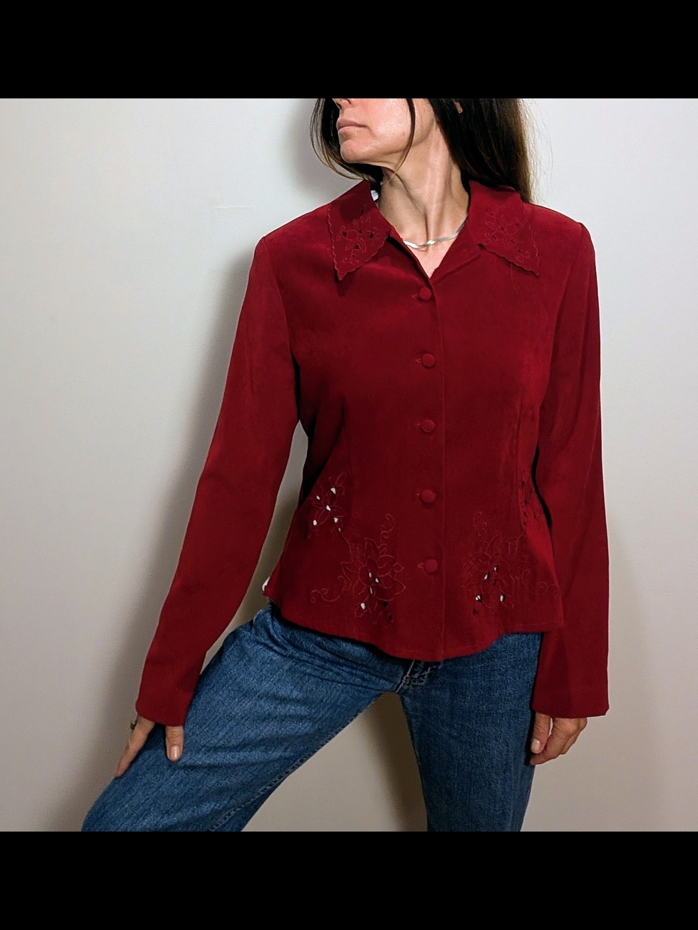 💅 Vintage Karin Stevens Burgundy Embroidered Cutwork Jacket